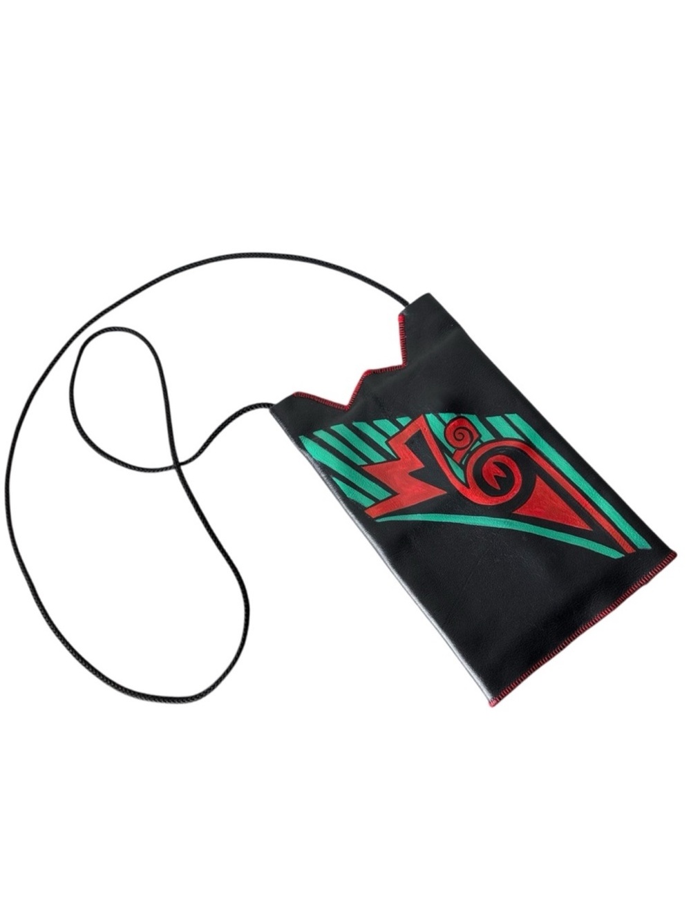 Leather Hidden Pouch Crossbody Bag Painted Abstract Design Snap Closure OOAK